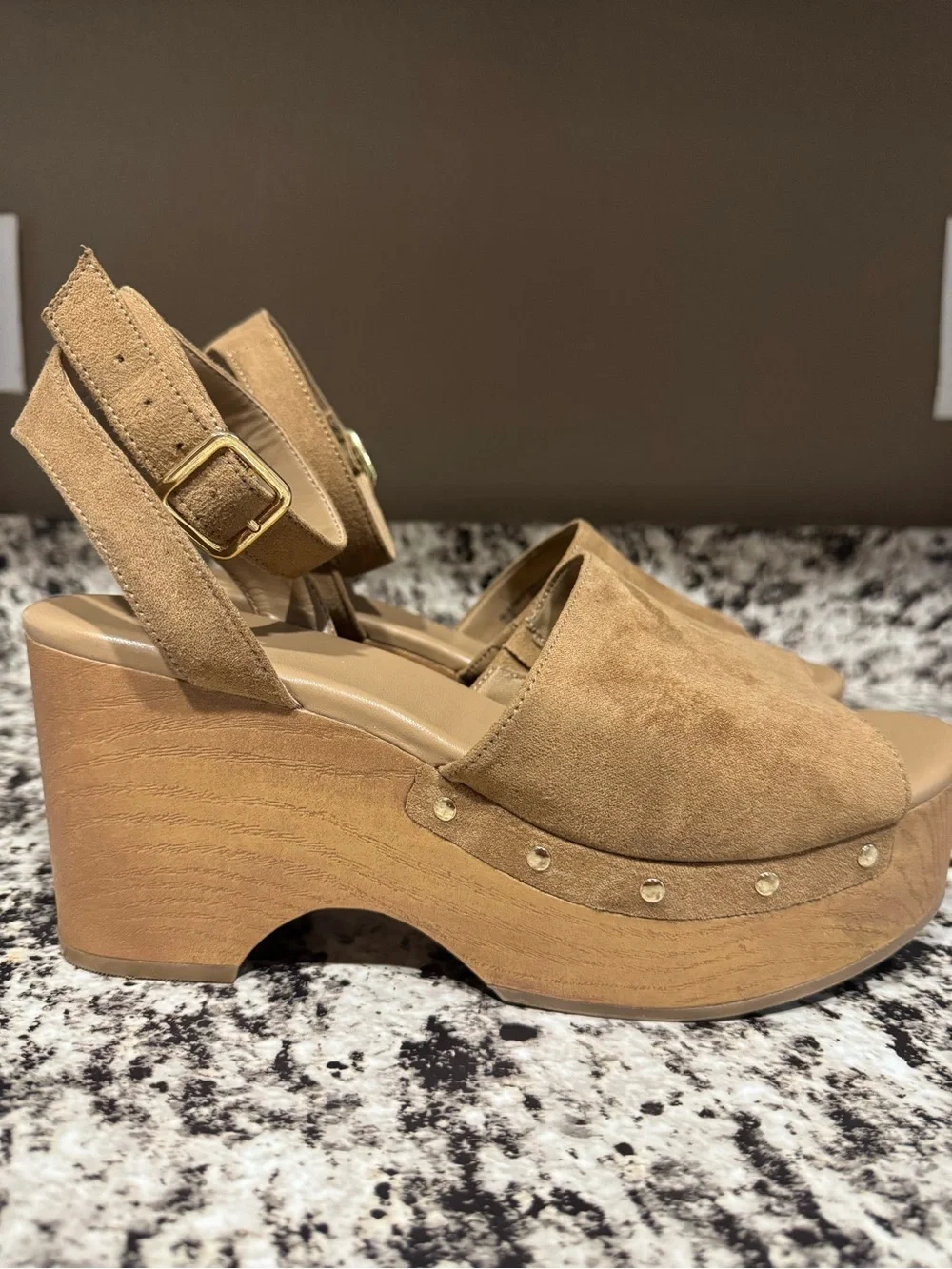 Tan platform wedge sandals